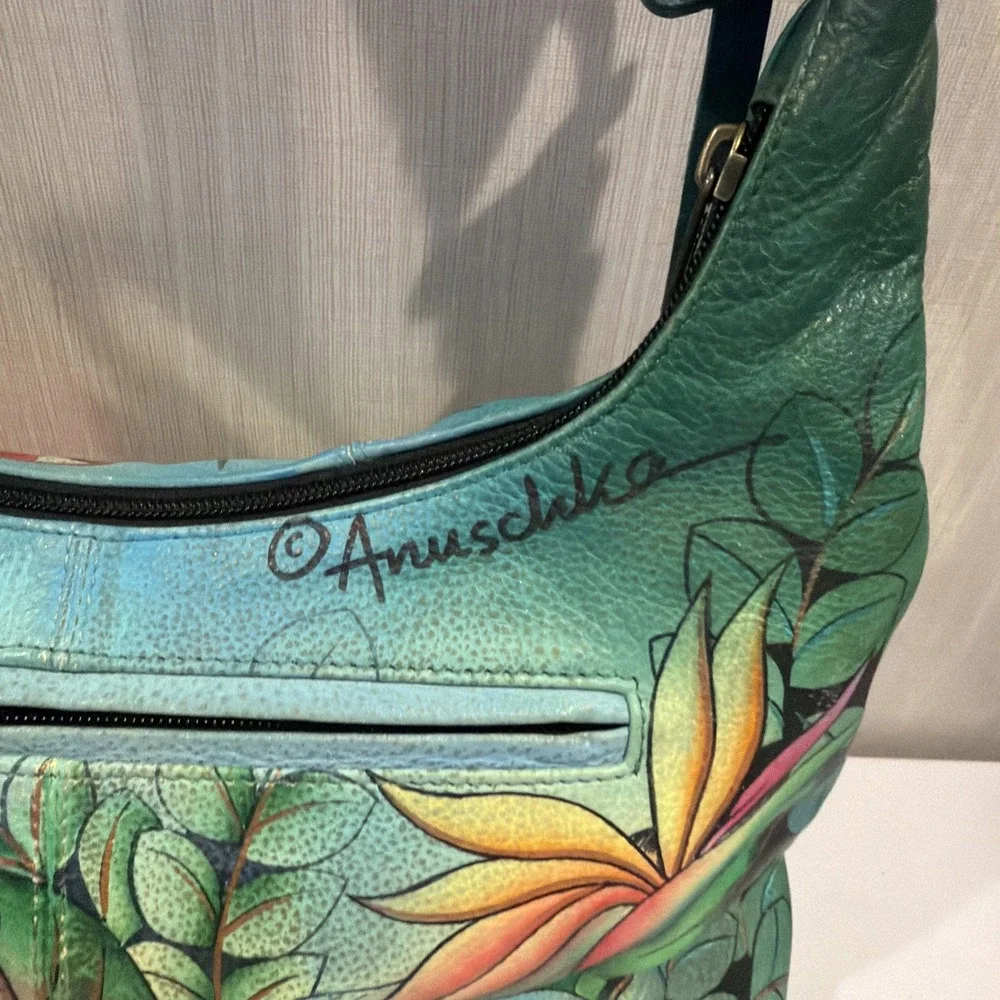 Anuschka Leather Hobo Tropical Bliss‎ Hand Painted Purse Brass Hardware Birds